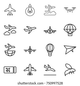 thin line icon set : plane, rocket, weather management, drone, journey, parachute delivery, shipping, air ballon, deltaplane, ticket, airplane, arrival, wasp