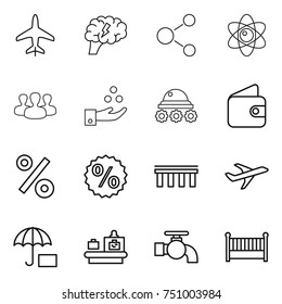 thin line icon set : plane, brain, molecule, atom, group, chemical industry, lunar rover, wallet, percent, bridge, insurance, baggage checking, water tap, crib