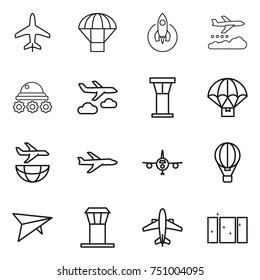 thin line icon set : plane, parachute, rocket, weather management, lunar rover, journey, airport tower, delivery, shipping, air ballon, deltaplane, airplane, clean window