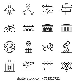 thin line icon set : plane, car pointer, journey, singlepost, bike, bridge, airport building, globe, map, scooter shipping, tourist, detector, departure, lounger, handwheel