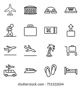 thin line icon set : plane, airport building, dome house, taxi, tourist, suitcase, ticket, baggage, departure, arrival, palm, trolley, transfer, yacht, flip flops, bed