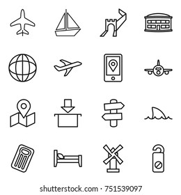 thin line icon set : plane, boat, greate wall, airport building, globe, mobile location, map, package, signpost, shark flipper, inflatable mattress, bed, windmill, do not distrub