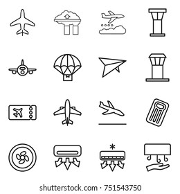 thin line icon set : plane, factory filter, weather management, airport tower, parachute delivery, deltaplane, ticket, airplane, arrival, inflatable mattress, cooler fan, air conditioning