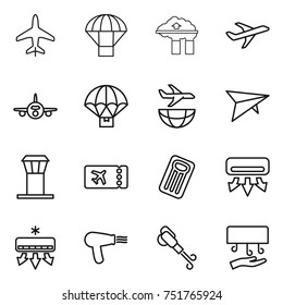 thin line icon set : plane, parachute, factory filter, delivery, shipping, deltaplane, airport tower, ticket, inflatable mattress, air conditioning, hair dryer, blower, hand