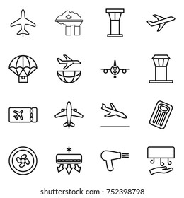 thin line icon set : plane, factory filter, airport tower, parachute delivery, shipping, ticket, airplane, arrival, inflatable mattress, cooler fan, air conditioning, hair dryer, hand