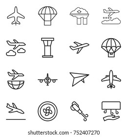 thin line icon set : plane, parachute, factory filter, weather management, journey, airport tower, delivery, shipping, deltaplane, airplane, arrival, cooler fan, blower, hand dryer