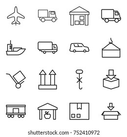 thin line icon set : plane, truck, warehouse, delivery, sea shipping, car, loading crane, trolley, cargo top sign, do not hook, package, railroad