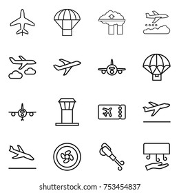 thin line icon set : plane, parachute, factory filter, weather management, journey, delivery, airport tower, ticket, departure, arrival, cooler fan, blower, hand dryer