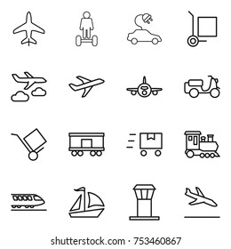 thin line icon set : plane, hoverboard, electric car, cargo stoller, journey, scooter shipping, trolley, railroad, fast deliver, train, sail boat, airport tower, arrival