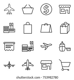 thin line icon set : plane, basket, dollar coin, shop, store, shopping bag, atm receipt, mall, port, airplane, cart