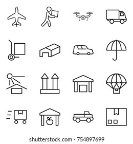 thin line icon set : plane, courier, drone, delivery, cargo stoller, warehouse, car shipping, dry, sun potection, top sign, parachute, fast deliver, pickup, package