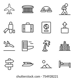 thin line icon set : plane, airport building, dome house, tourist, passenger, suitcase, passport, baggage, arrival, hotel, palm, signpost, yacht, landscape, bed