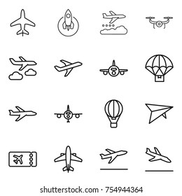 thin line icon set : plane, rocket, weather management, drone, journey, parachute delivery, air ballon, deltaplane, ticket, airplane, departure, arrival