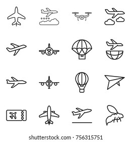 Thin line icon set : plane, weather management, drone, journey, parachute delivery, shipping, air ballon, deltaplane, ticket, airplane, departure, wasp