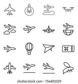 Thin line icon set : plane, rocket, weather management, drone, journey, shipping, air ballon, deltaplane, ticket, airplane, departure, arrival, wasp
