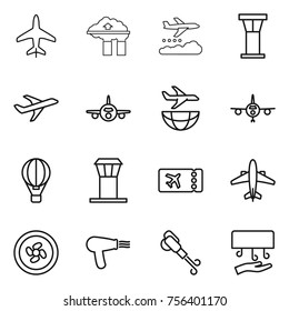 Thin line icon set : plane, factory filter, weather management, airport tower, shipping, air ballon, ticket, airplane, cooler fan, hair dryer, blower, hand