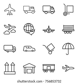 Thin line icon set : plane, truck, delivery, cargo stoller, journey, shipping, car, trolley, dry, top sign, warehouse, railroad