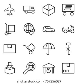 Thin line icon set : plane, truck, box, delivery, cargo stoller, car shipping, scooter, package, trolley, dry, do not hook sign, search, warehouse