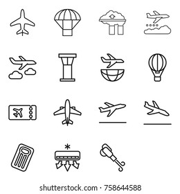 Thin line icon set : plane, parachute, factory filter, weather management, journey, airport tower, shipping, air ballon, ticket, airplane, departure, arrival, inflatable mattress, conditioning
