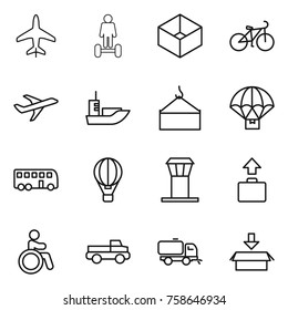 Thin line icon set : plane, hoverboard, box, bike, sea shipping, loading crane, parachute delivery, bus, air ballon, airport tower, baggage, invalid, pickup, sweeper, package