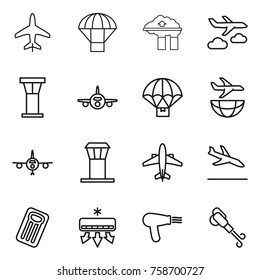 Thin line icon set : plane, parachute, factory filter, journey, airport tower, delivery, shipping, airplane, arrival, inflatable mattress, air conditioning, hair dryer, blower
