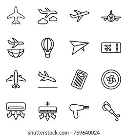 Thin line icon set : plane, journey, shipping, air ballon, deltaplane, ticket, airplane, arrival, inflatable mattress, cooler fan, conditioning, hair dryer, blower