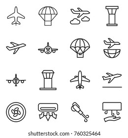 Thin line icon set : plane, parachute, journey, airport tower, delivery, shipping, airplane, departure, cooler fan, air conditioning, blower, hand dryer