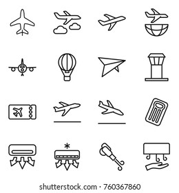 Thin line icon set : plane, journey, shipping, air ballon, deltaplane, airport tower, ticket, departure, arrival, inflatable mattress, conditioning, blower, hand dryer