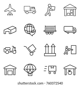 Thin line icon set : plane, truck, courier, warehouse, delivery, shipping, scooter, trolley, cargo top sign, parachute, fast deliver