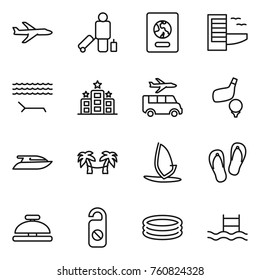 Thin line icon set : plane, passenger, passport, hotel, lounger, transfer, golf, yacht, palm hammock, windsurfing, flip flops, service bell, do not distrub, inflatable pool
