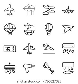 Thin line icon set : plane, factory filter, journey, parachute delivery, shipping, air ballon, deltaplane, ticket, airplane, arrival, conditioning, hair dryer, blower, hand