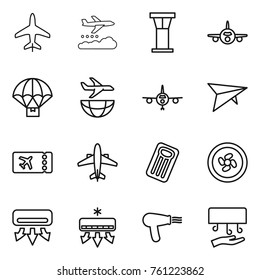 Thin line icon set : plane, weather management, airport tower, parachute delivery, shipping, deltaplane, ticket, airplane, inflatable mattress, cooler fan, air conditioning, hair dryer, hand