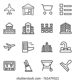 Thin line icon set : plane, warehouse, cart, list, cottage, building, palace, office, hotel, water tap, tv, knife holder, bbq, scraper