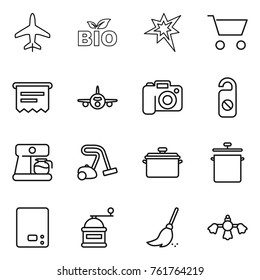 Thin line icon set : plane, bio, bang, cart, atm receipt, camera, do not distrub, coffee maker, vacuum cleaner, pan, kitchen scales, hand mill, broom, hard reach place cleaning