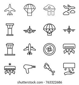Thin line icon set : plane, parachute, factory filter, journey, airport tower, delivery, airplane, cooler fan, air conditioning, hair dryer, blower, hand