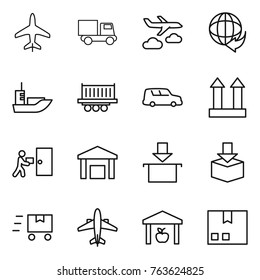 Thin line icon set : plane, truck, journey, delivery, sea shipping, car, cargo top sign, courier, warehouse, package, fast deliver, airplane