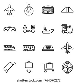 Thin line icon set : plane, rocket, airport building, pyramid, bridge, route a to b, sea shipping, train, bus, taxi, airplane, suitcase, baggage get, trolley, compass