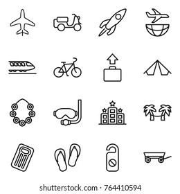 Thin line icon set : plane, scooter shipping, rocket, train, bike, baggage, tent, hawaiian wreath, diving mask, hotel, palm hammock, inflatable mattress, flip flops, do not distrub, trailer