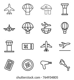 Thin line icon set : plane, parachute, factory filter, airport tower, delivery, shipping, air ballon, ticket, airplane, departure, inflatable mattress, cooler fan, hair dryer, blower
