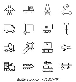 Thin line icon set : plane, truck, hoverboard, electric car, delivery, cargo stoller, shipping, do not hook sign, fork loader, search, transporter tape, train, transfer, plow