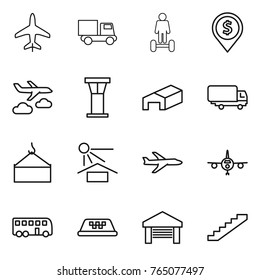 Thin line icon set : plane, truck, hoverboard, dollar pin, journey, airport tower, warehouse, shipping, loading crane, sun potection, bus, taxi, garage, stairs