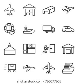 Thin line icon set : plane, warehouse, delivery, sea shipping, car, loading crane, consolidated cargo, courier, fast deliver, airplane, cruise ship