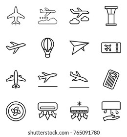 Thin line icon set : plane, weather management, journey, airport tower, air ballon, deltaplane, ticket, airplane, departure, arrival, inflatable mattress, cooler fan, conditioning, hand dryer