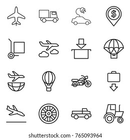 Thin line icon set : plane, truck, electric car, dollar pin, cargo stoller, journey, package, parachute delivery, shipping, air ballon, motorcycle, baggage get, arrival, wheel, pickup, tractor