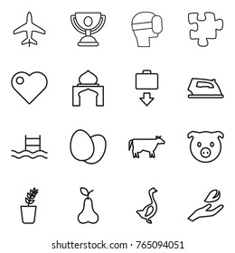 Thin line icon set : plane, trophy, virtual mask, puzzle, heart, minaret, baggage get, iron, pool, eggs, cow, pig, seedling, pear, goose, hand leaf