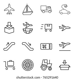 Thin line icon set : plane, boat, truck, electric car, package, shipping, fast deliver, escalator, ticket, departure, baggage trolley, wheel, tractor