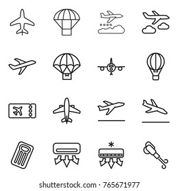 Thin line icon set : plane, parachute, weather management, journey, delivery, air ballon, ticket, airplane, departure, arrival, inflatable mattress, conditioning, blower