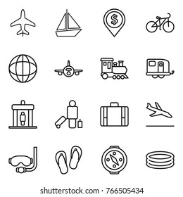 Thin line icon set : plane, boat, dollar pin, bike, globe, train, trailer, detector, passenger, suitcase, arrival, diving mask, flip flops, compass, inflatable pool