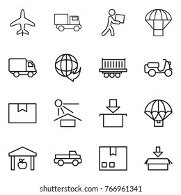 Thin line icon set : plane, truck, courier, parachute, delivery, shipping, scooter, package box, sun potection, warehouse, pickup