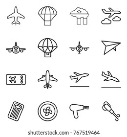 Thin line icon set : plane, parachute, factory filter, journey, delivery, deltaplane, ticket, airplane, departure, arrival, inflatable mattress, cooler fan, hair dryer, blower